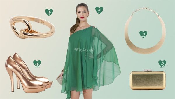 Look d'invitée vert et or