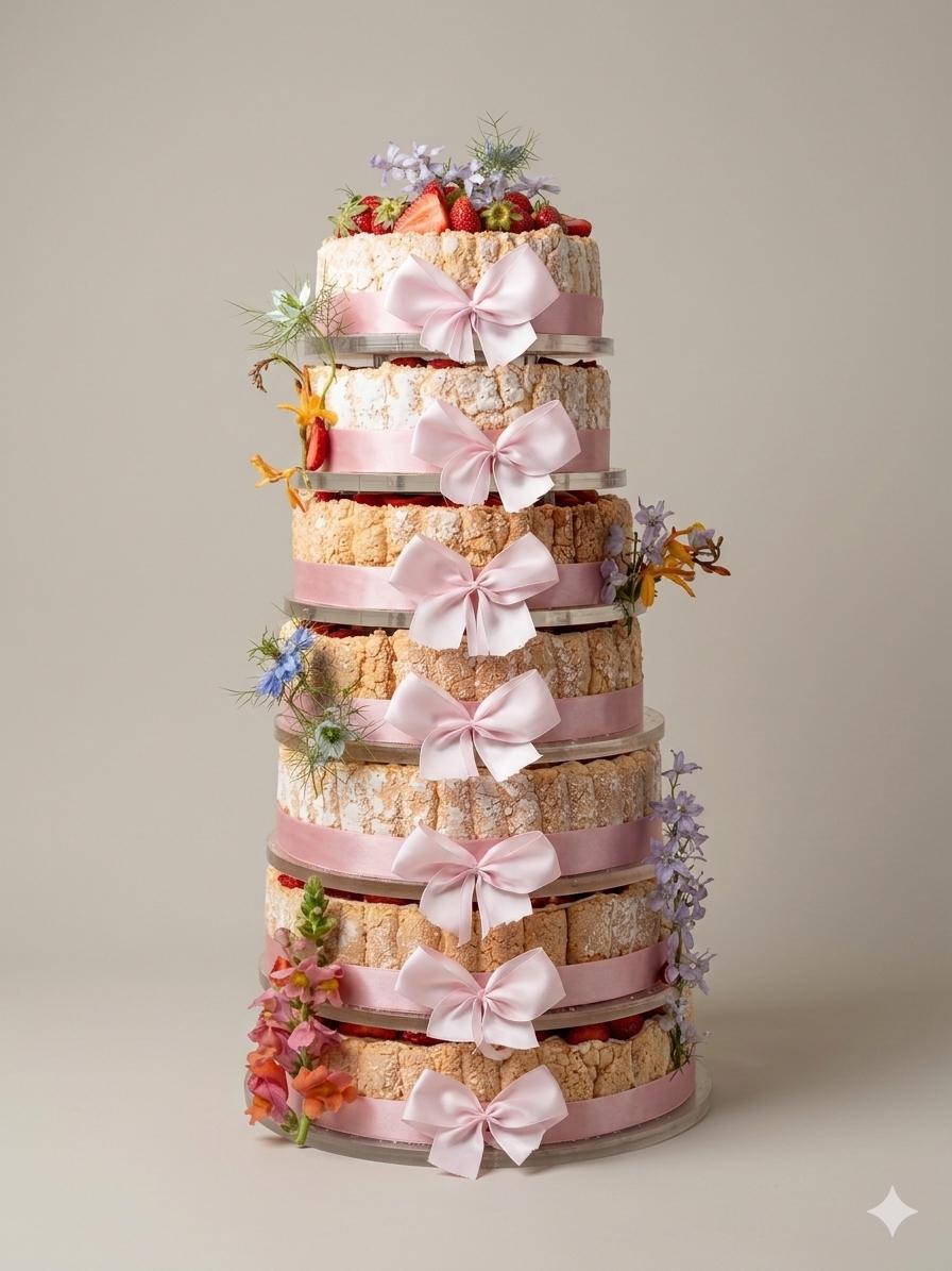 pièce montée charlotte aux fraises, decorée de fleurs fraiches et noeuds rose pale