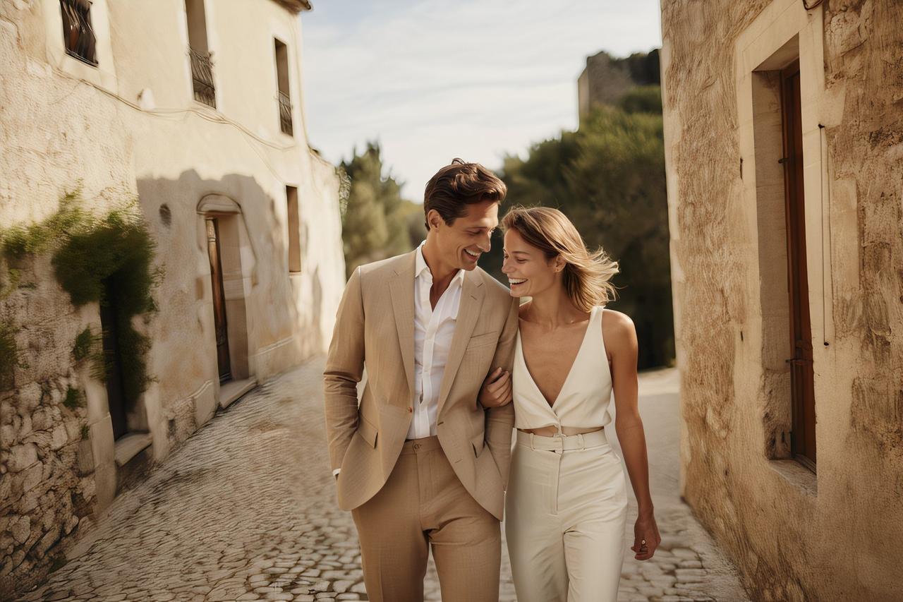 costume de mariage beige avec chemise blanche