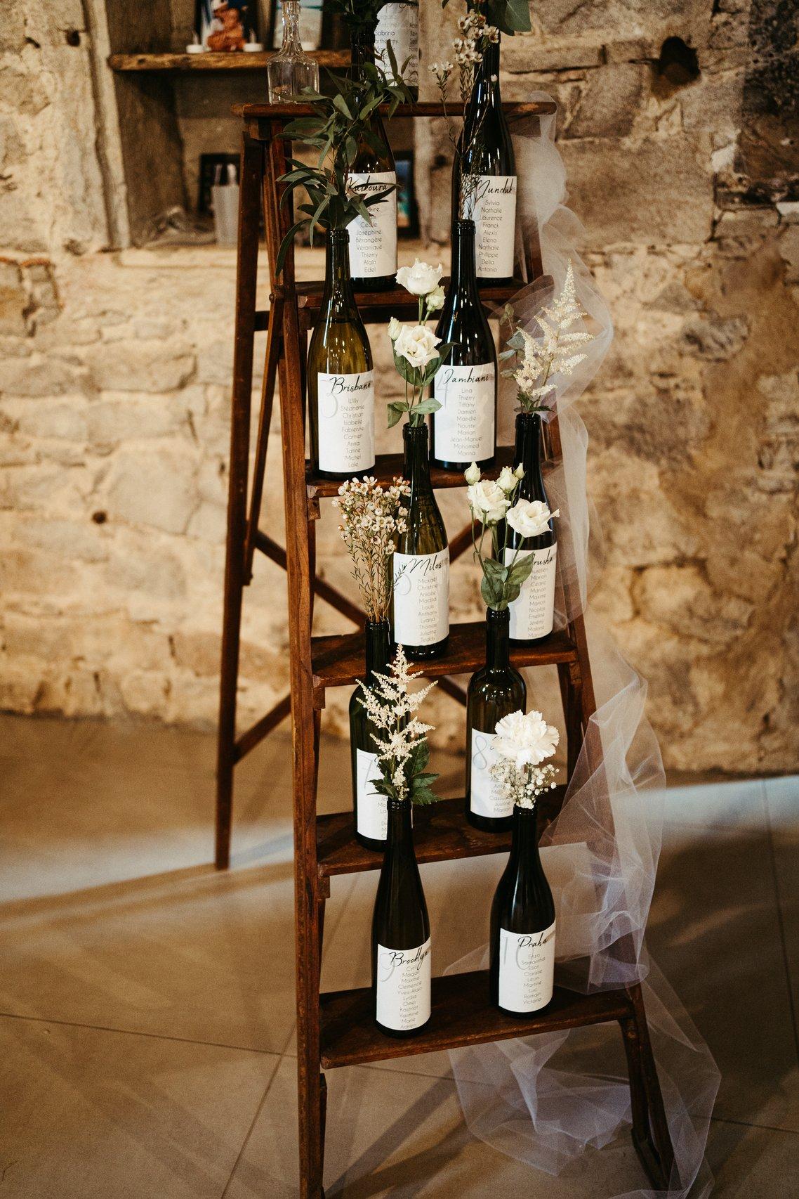 plan de table mariage avec bouteille de vin