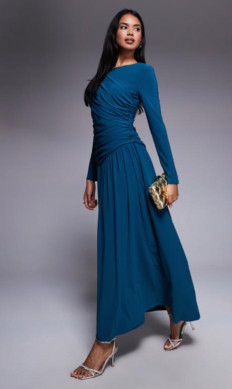 robe invitee mariage hiver longue drapee bleu sarcelles