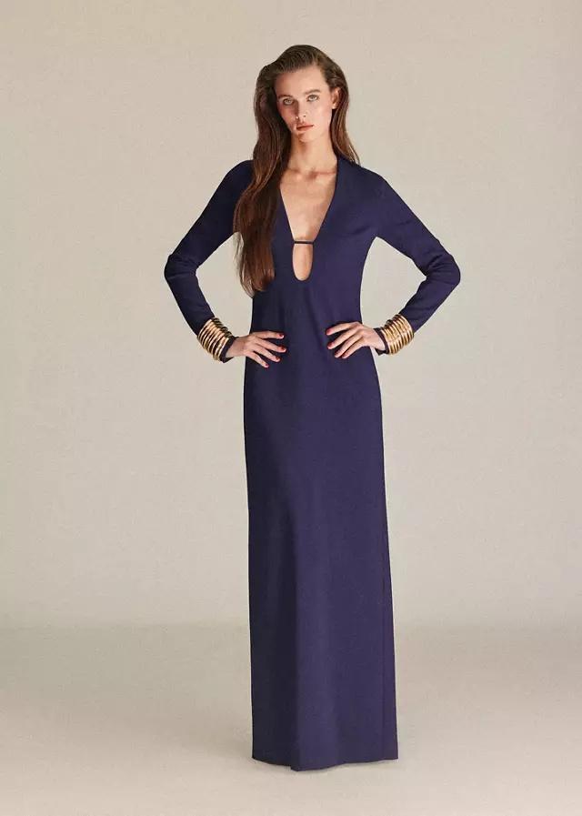 robe longue bleu marine col en V robe invitee de mariage