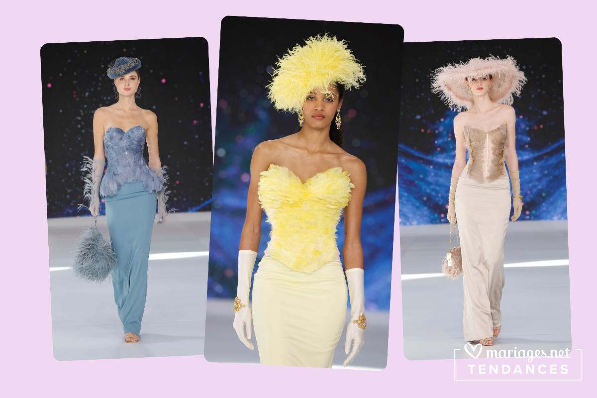 robes de mariées sixties années 60, chapeaux a larges bords, bibis et plumes
