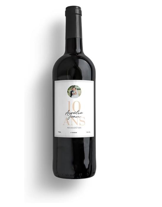 cadeau 10 ans mariage noces d'étain, bouteille de vin personnalisé 