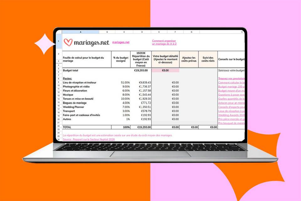 Planificateur de mariage Excel gratuit : budget + liste invités + suivi prestataires
