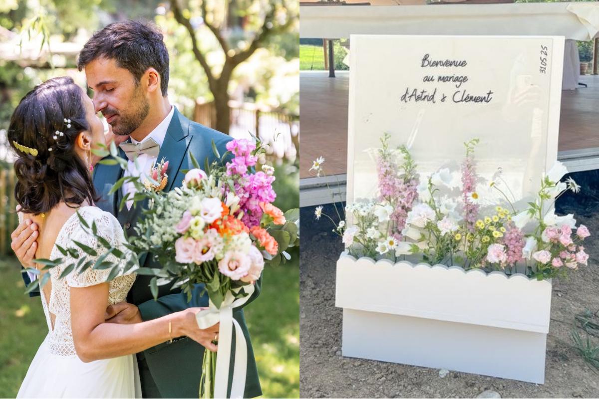 inspiration mariage printemps, fleurs de saison colorées, couple de mariés printemps, panneau bienvenue mariage printemps