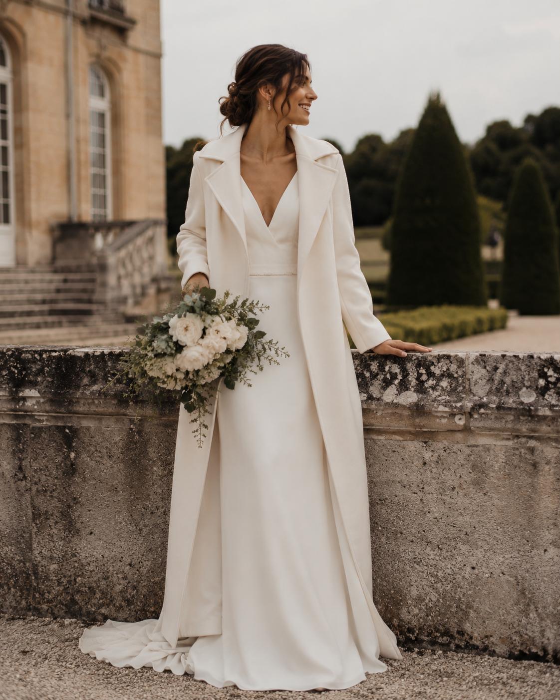 mariée en manteau d'hiver face à un chateau