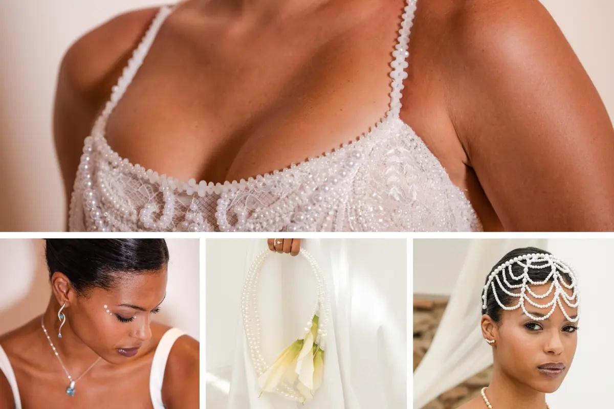 perles partout dans les mariages, sur le decollete de la robe, sur les bijoux, sacs a main