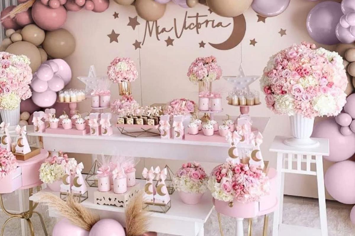 jeux pour baby shower, stand mignardises baby shower rose