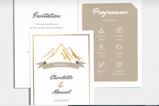 Faire-part de mariage avec montagne graphique taupe et blanc