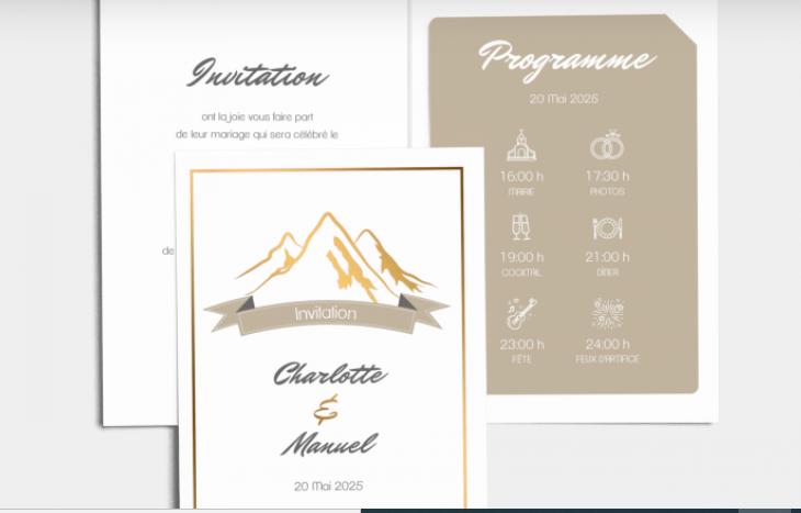 Faire-part de mariage avec montagne graphique taupe et blanc