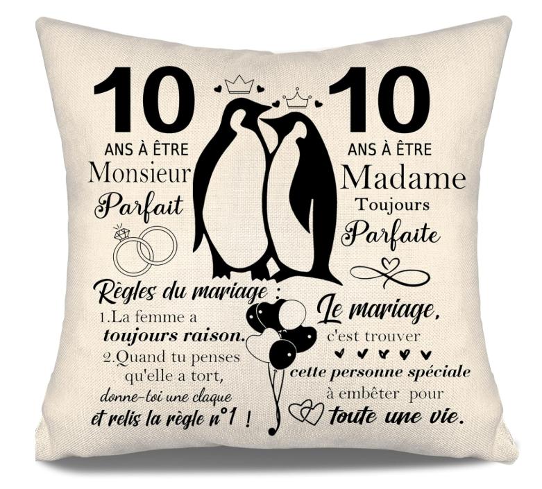 cadeau 10 ans mariage noces d'étain, coussin 10 ans de mariage humour