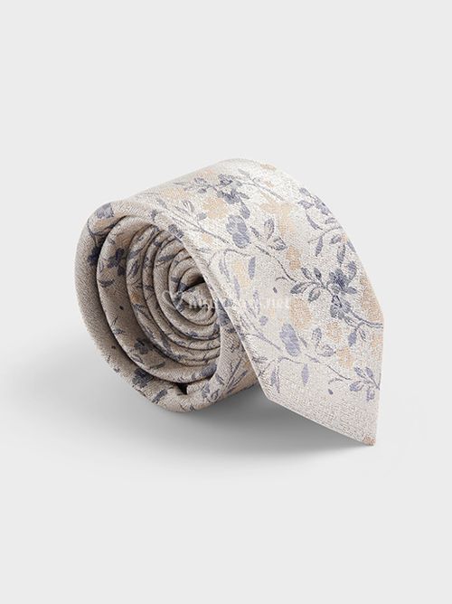 Cravate large en coton et soie mélangés sable à motif fleuri bleu, Father & Sons