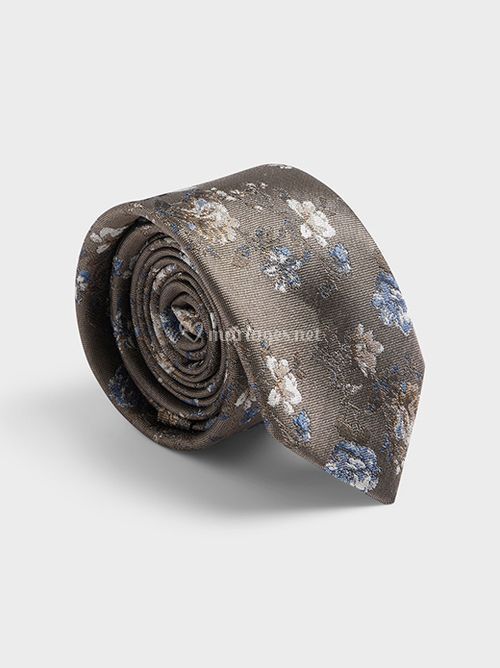 Cravate large en soie mélangée taupe à motif fleuri bleu, Father & Sons