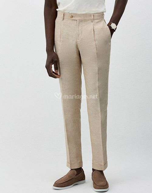 Pantalon coordonnable Slim en lin beige, Father & Sons
