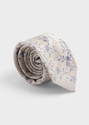 Cravate large en coton et soie mélangés sable à motif fleuri bleu, 551