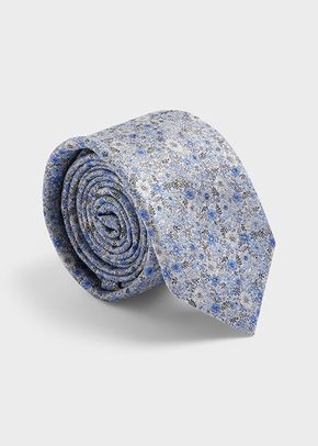 Cravate large en soie mélangée grise à motif fleuri bleu ciel, 551