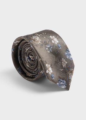 Cravate large en soie mélangée taupe à motif fleuri bleu, 551