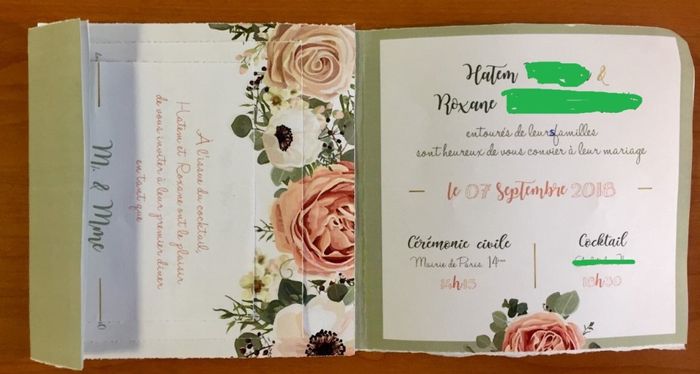 intérieur du faire part avec les 3 cartons à gauche