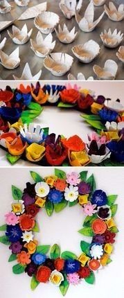 8. La couronne de fleurs en boite d'oeufs cartonnée