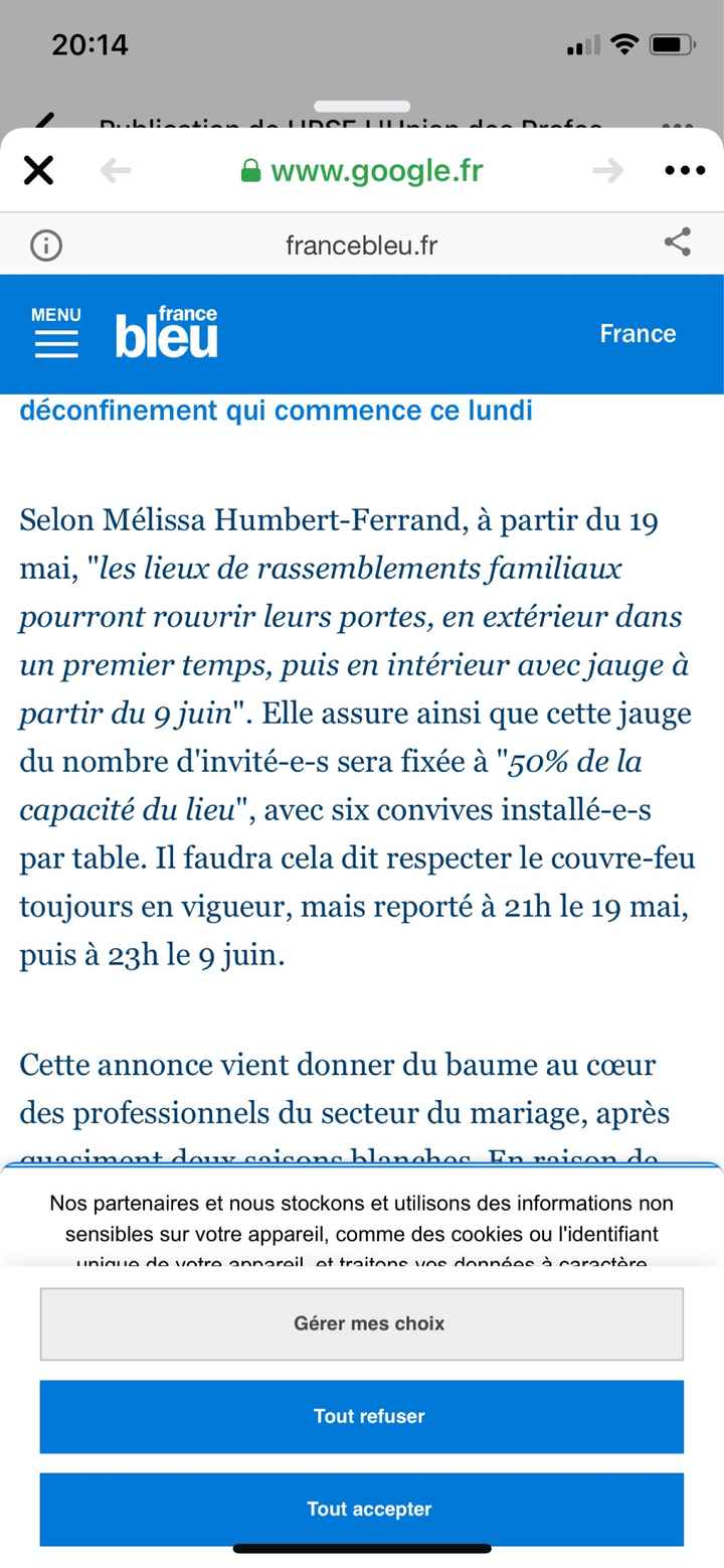 upse : mariage ok à partir du 19/05/21 - 2