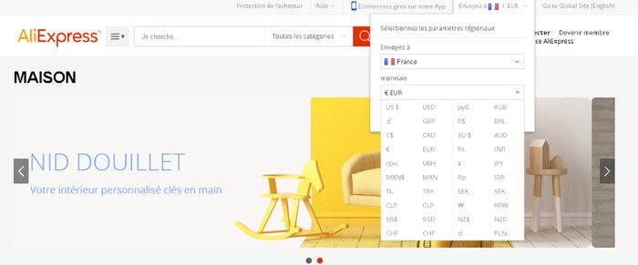 choix devise sur ali