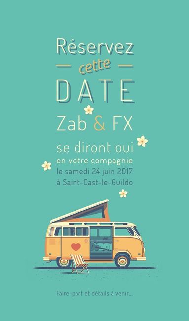Save the date avec mini van et fleurs de frangipanier