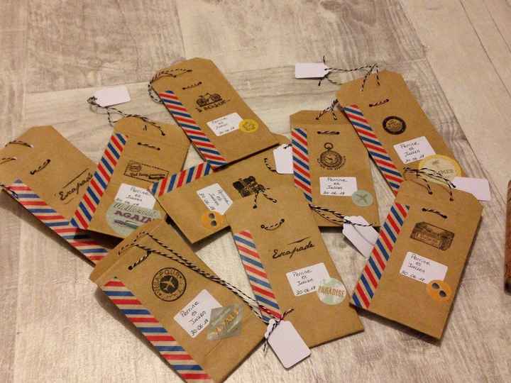 Les pochettes pour les dragées, 100% DIY ! avec masking tape air mail, stickers voyage et tampons ..