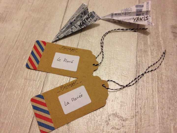 Les marques places : une étiquette style bagage que l'on va nouer autour des verres à pied et de pet