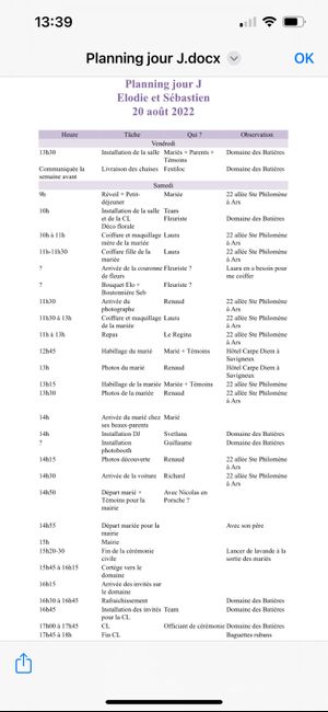 Organisation jour j 1