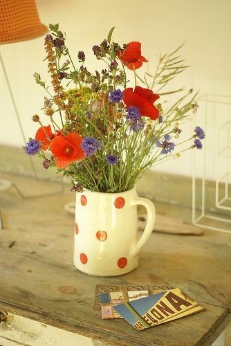 récup, mug pois, fleurs de champs