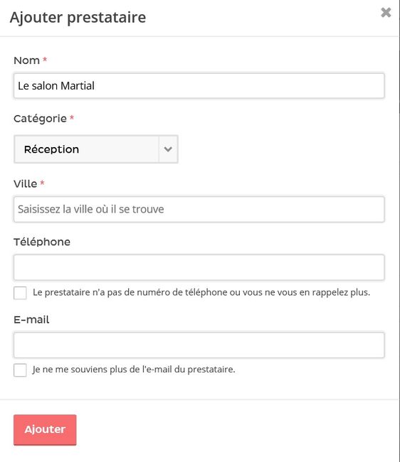 Fenêtre renseignements prestataire