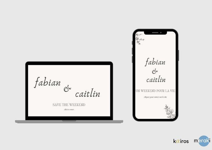 Travail de site dédié pour le mariage, fait par kairos (planification événementiel) et meraki (digit