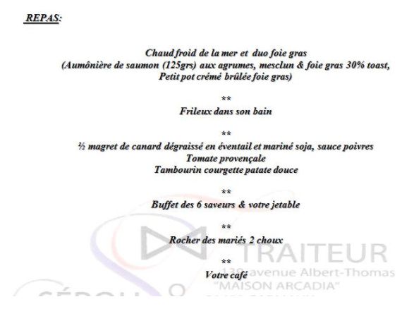 Menu du traiteur