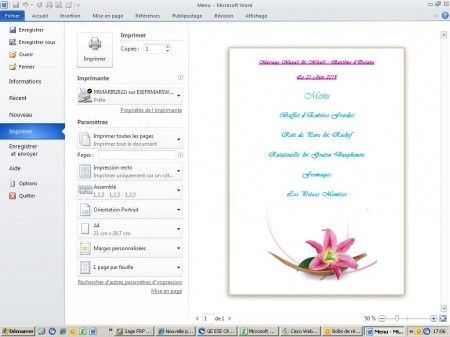Menu de la Réception
