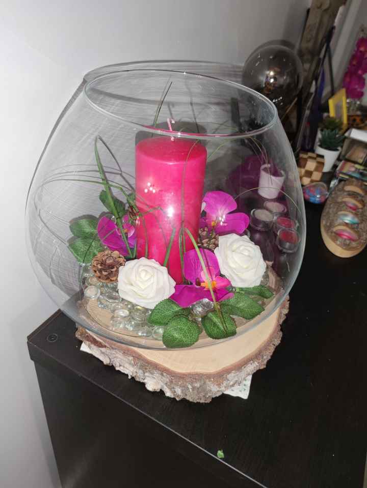 Diy centre de table thème blanc/fushia/bois - 2