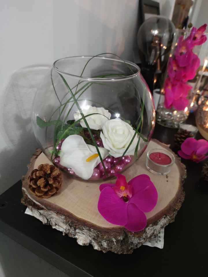 Diy centre de table thème blanc/fushia/bois - 3