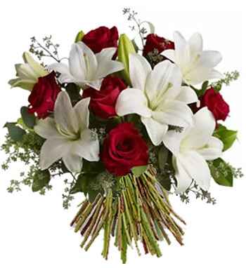 Bouquet de lys blanc et rose rouge