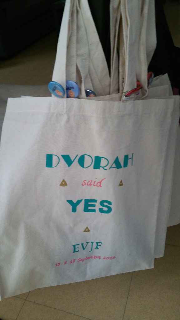 Tote bag EVJF avec badge nom de la personne invitée + date du mariage