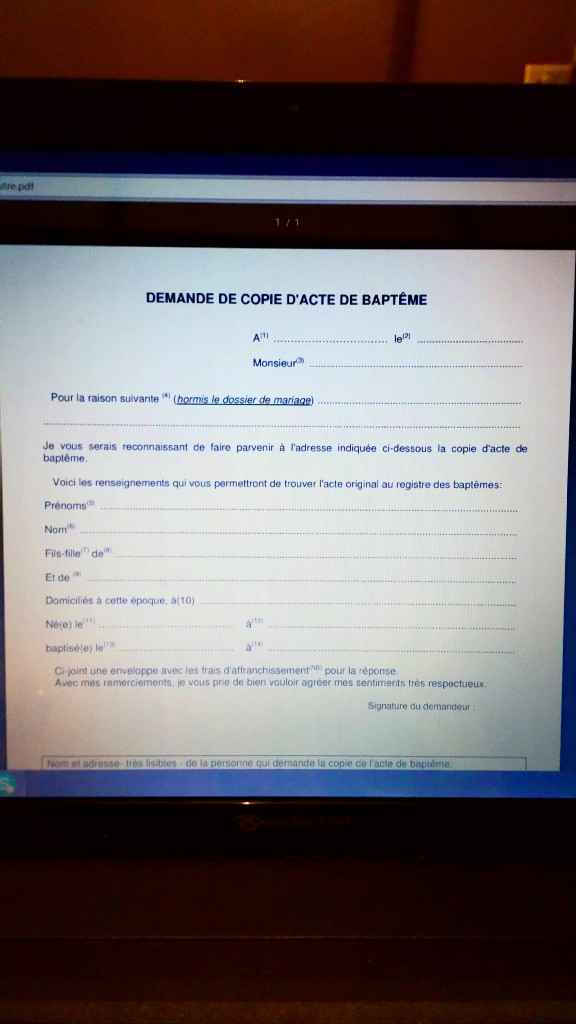 Demande copie acte baptême. - 1