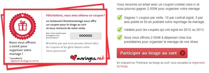 1ère Edition du tirage au sort de mariages.net ! Nous vous offrons 2.000 euros chaque mois !