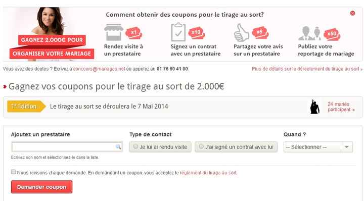 1ère Edition du tirage au sort de mariages.net ! Nous vous offrons 2.000 euros chaque mois !