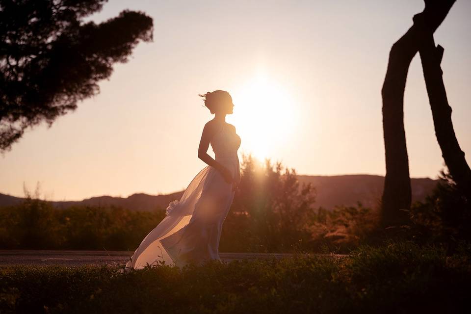 Mariée au coucher de soleil