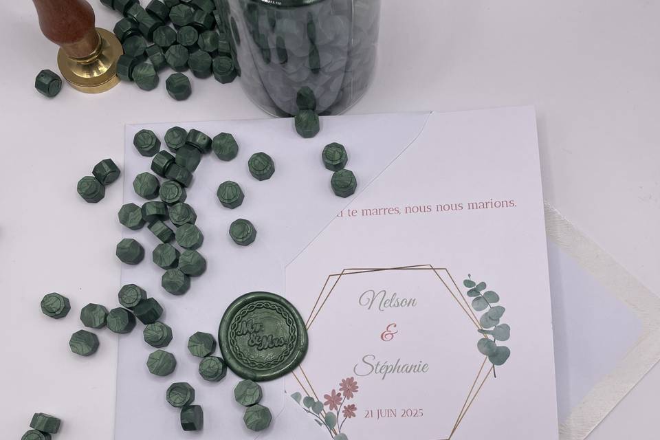 Faire-part mariage vert pêche