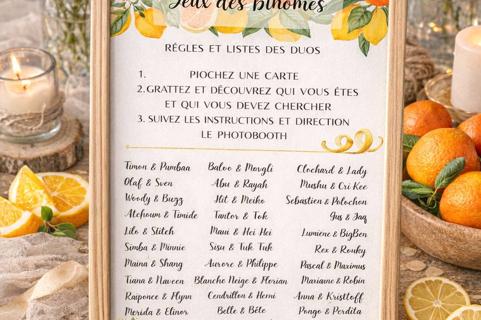 Jeux binômes - Mariage agrumes