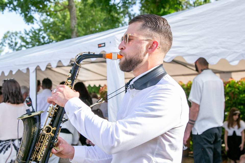 saxophoniste feuillage jardin