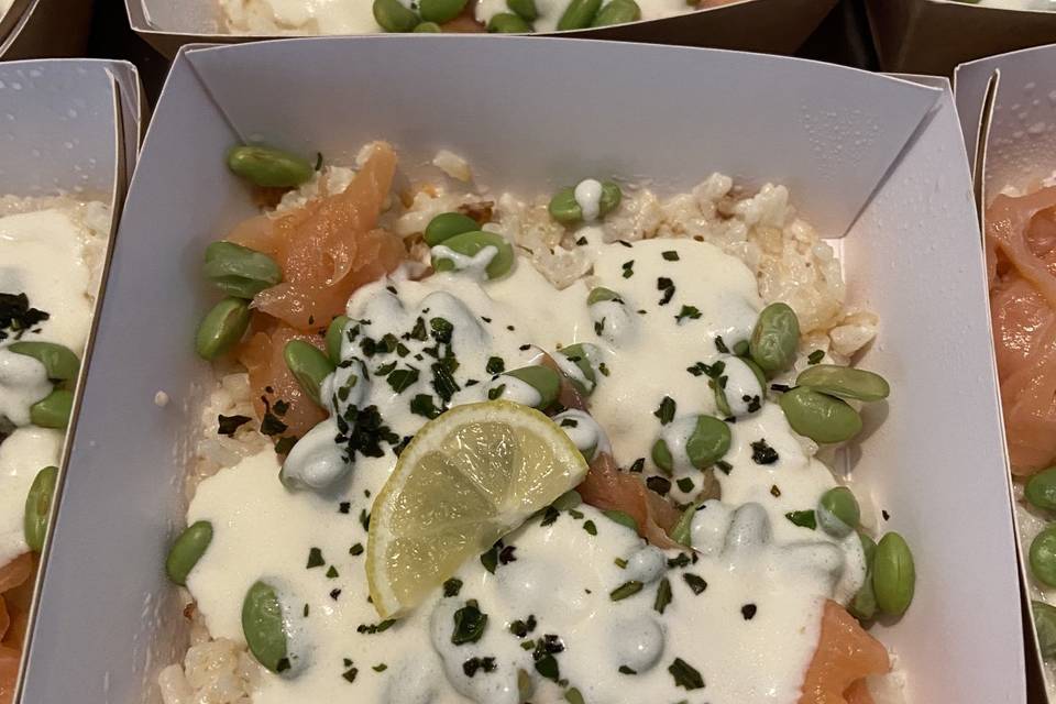 Risotto, saumon, fèves de soja