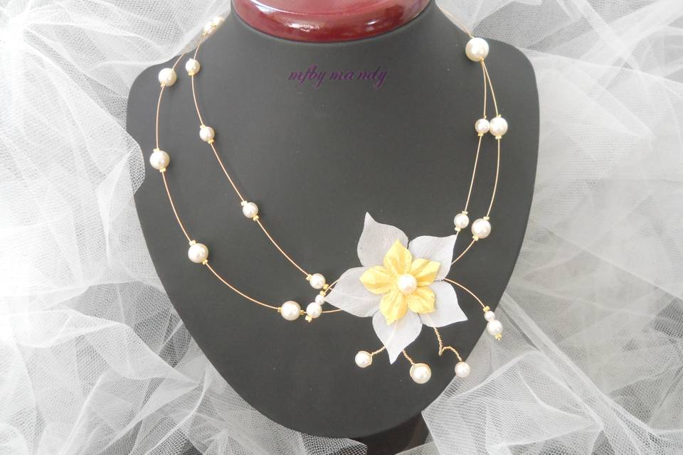 Collier fleurs soie & perles