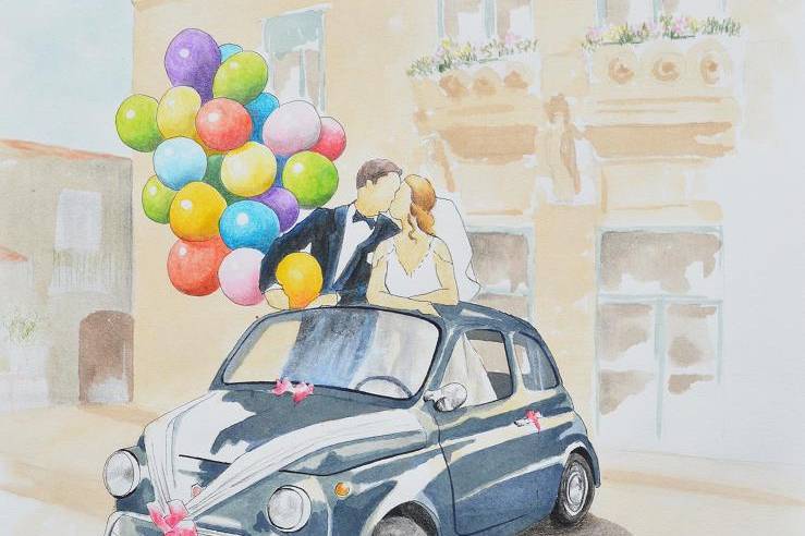 Aquarelle Mariage en Fiat 500!