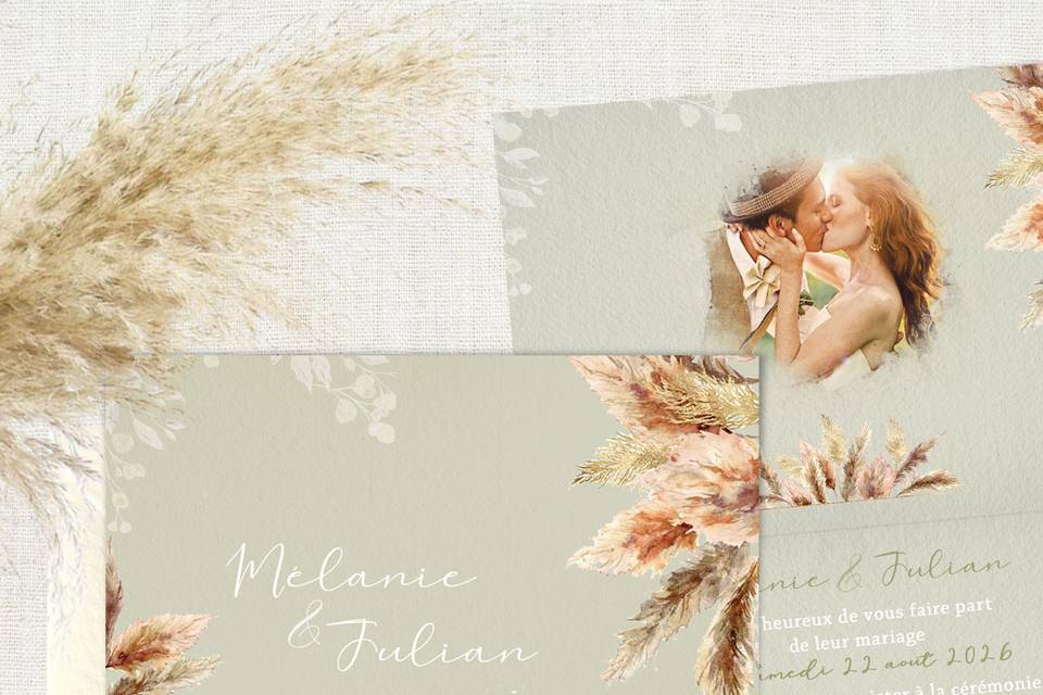 Faire-part mariage pampa sauge